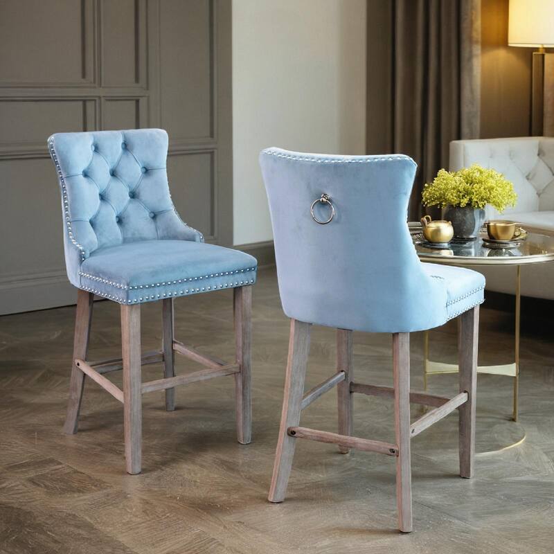 Velvet Upholstered Barstools with Button Tufted Decoration and Wooden Legs, and Chrome Nailhead Trim, Leisure Style Bar Chairs