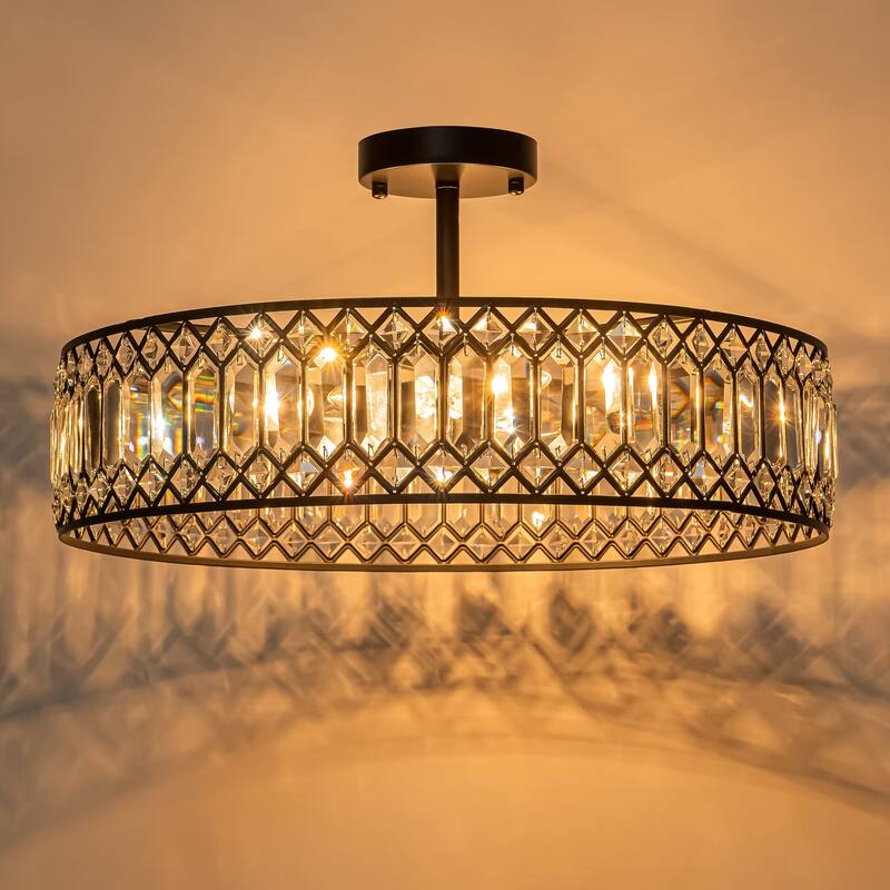 Starsky Luxury Crystal Drum Dimmable Semi Flush Mount Light
