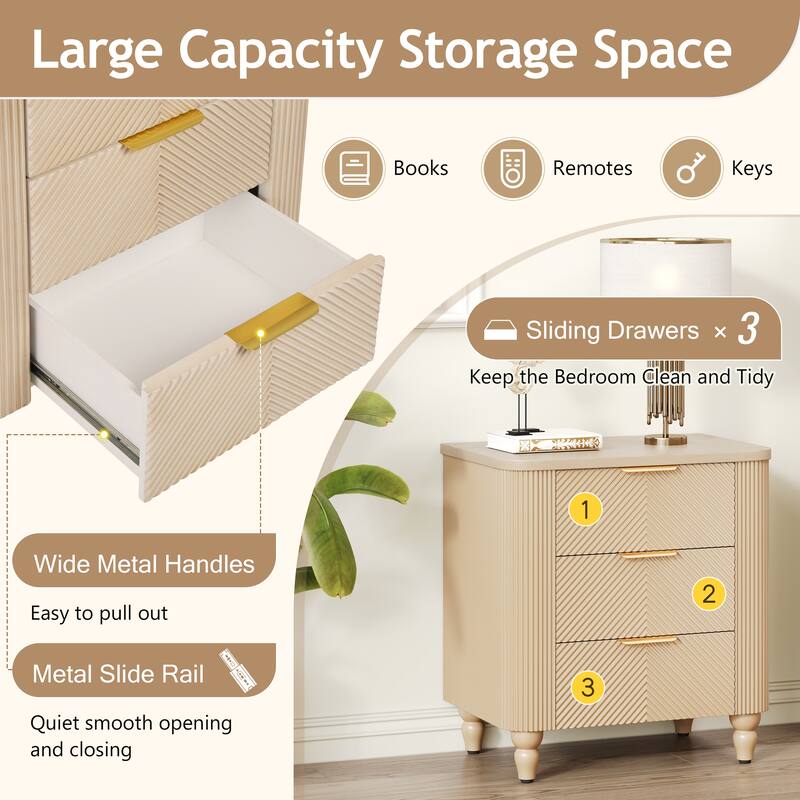 Bedside Table Champagne End Table Side Table with 3 Drawers, Storage Cabinet Corner Table Lamp Table