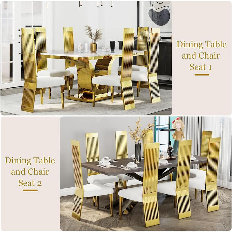 Polished Gold Dining Chairs with White Boucle Upholstery