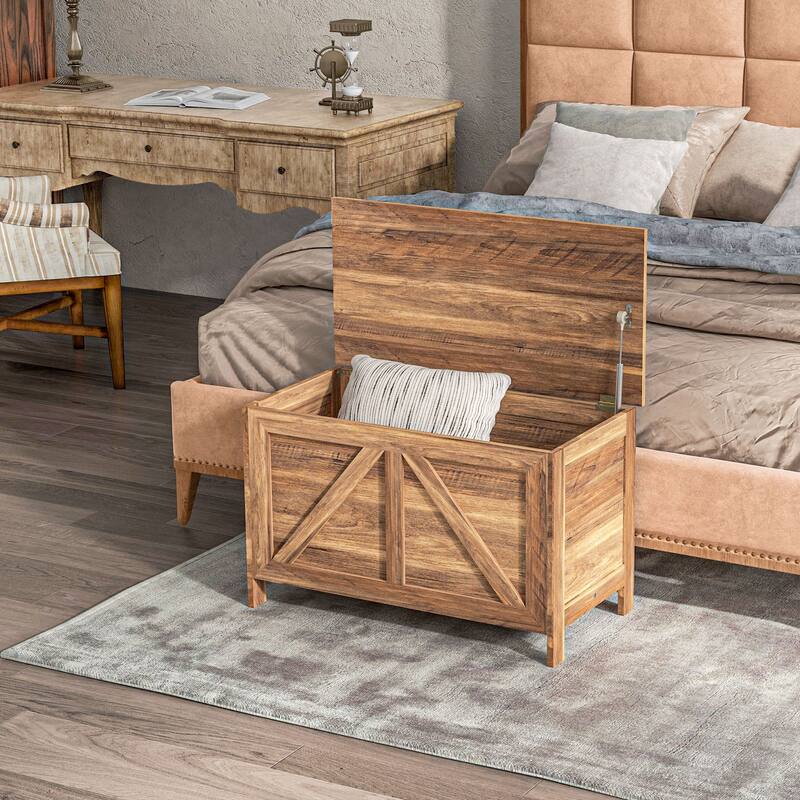 HOMCOM 30" Farmhouse Storage Chest, Lift Top Box Organizer with Safety Hinge to Open Up 100° for Bedroom, Entryway, Living Room