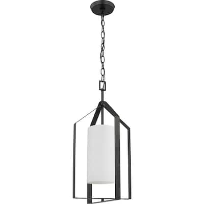 Vertex Collection One-Light Matte Black Etched White Contemporary Foyer Light - 12 in x 12 in x 22.5 in