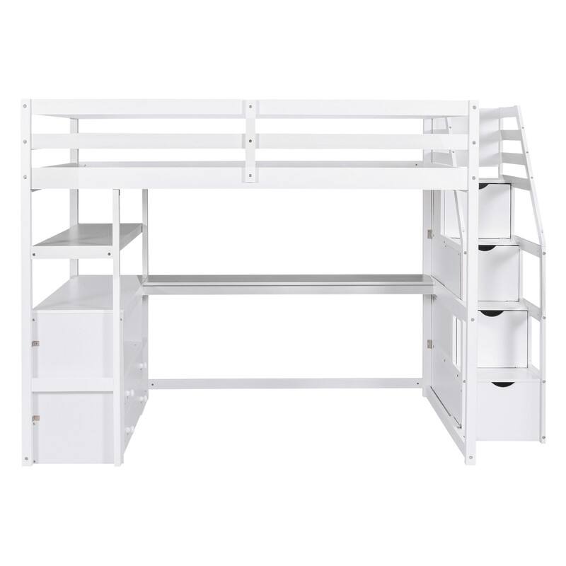 Twin/Full Size Stairway Loft Bed with Built-in Desk with Two Drawers, Solid Wood Bed Frame with Storage Shelves for Kids Teens