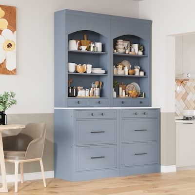Roomfitters Modern 83.7" Tall Kitchen Hutch with Faux Marble Top, Set of 2
