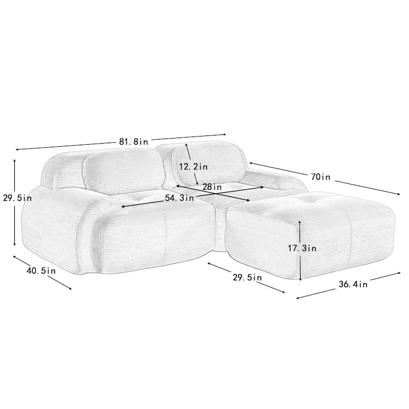 Rossetta 82'' Simplified Anti-Slip Style L-shaped Premium Corduroy Fabric Modular Loveseat Sofa with Curved Armrests, 1 Ottoman