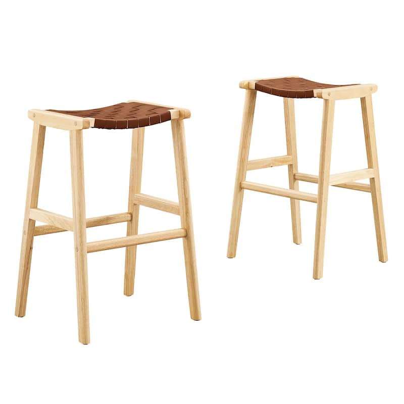 Saoirse Faux Leather Wood Bar Stool - Set of 2 - Natural - Brown