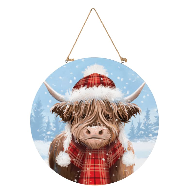 Holiday Highland Cow Wood Door Decor, 18" - Multicolor