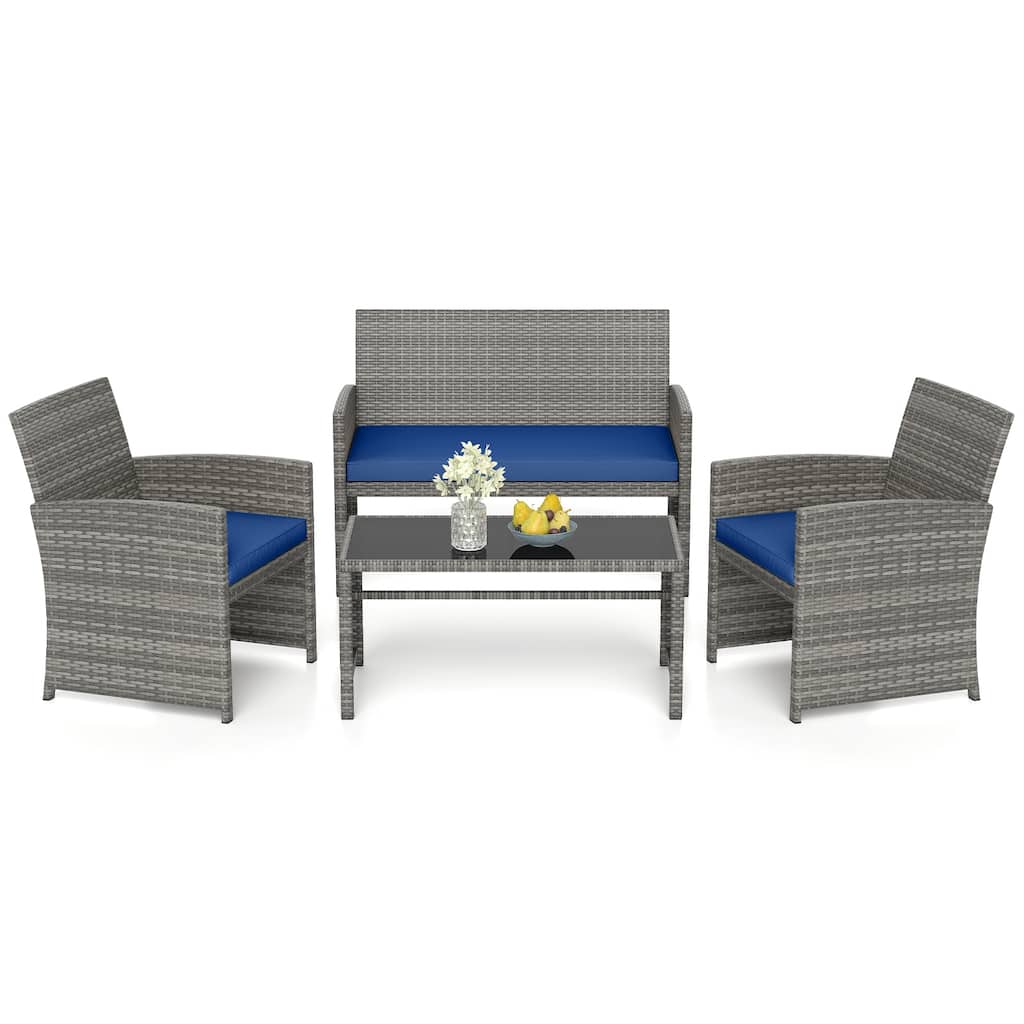 4 Piece Outdoor Patio Furniture Set Mix Gray PE Rattan Loveseat Armchairs and Tempered Glass Coffee Table with Cushions