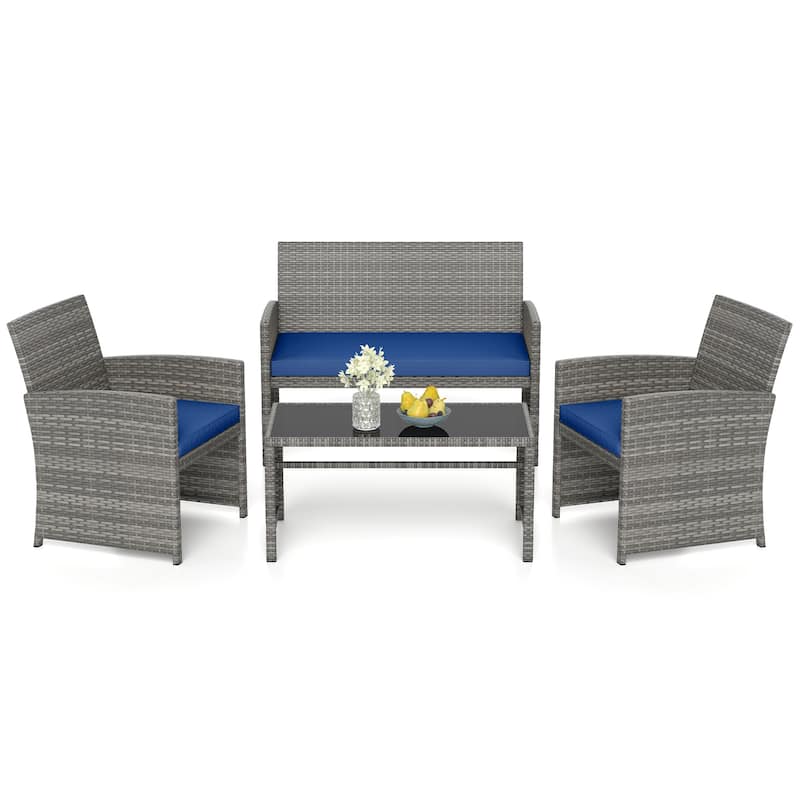 4 Piece Outdoor Patio Furniture Set Mix Gray PE Rattan Loveseat Armchairs and Tempered Glass Coffee Table with Cushions - Navy