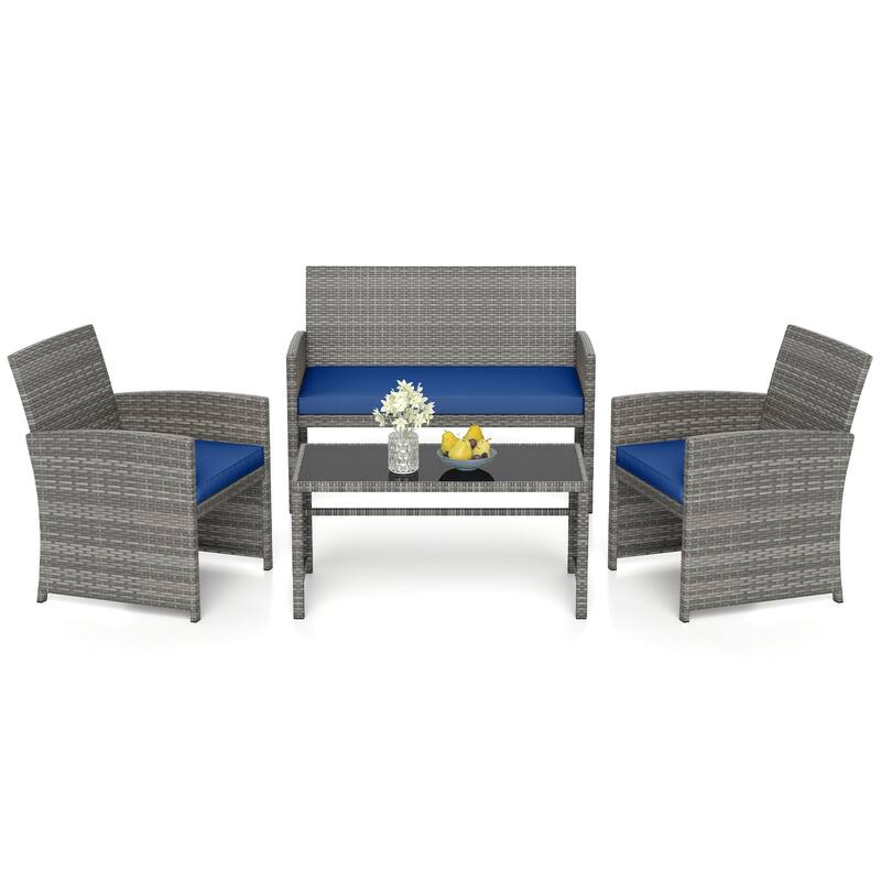 Gymax 4 Piece Patio Furniture Set Outdoor Wicker Conversation Set w/ - Navy Blue