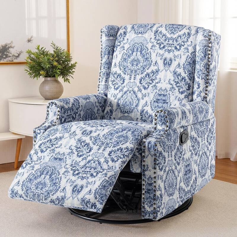 Patterned Linen Swivel Manual Push-Back Recliner Chair - Navy