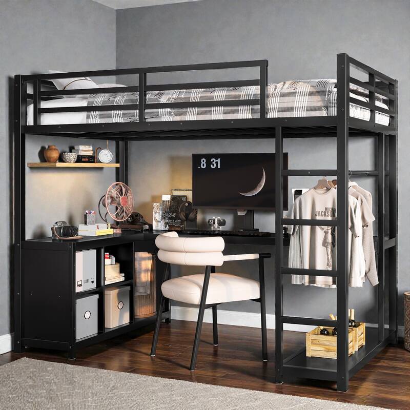 Metal Loft Bed with Wardrobe and L-Shaped Desk, Storage Cubes and Shelves, Space Saving Loft Bed for Teens