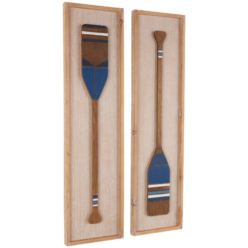 Brown Wood Paddle Home Wall Decor with Blue Accents and Chevron Patterned Background (Set of 2)