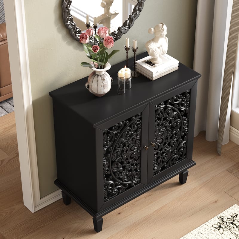 GDF Studio - Vintage Hollow-Carved Accent Cabinet, 2-Door Display Sideboard with Adjustable Shelf