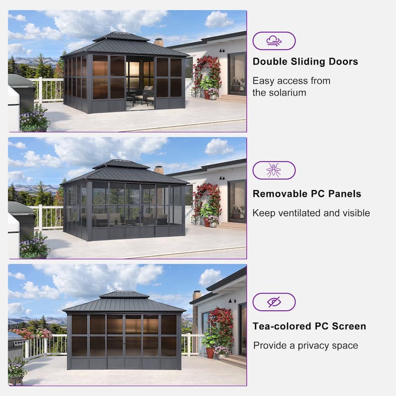 PURPLE LEAF Double Top Outdoor Sunroom Screen House Patio Hardtop Gazebo