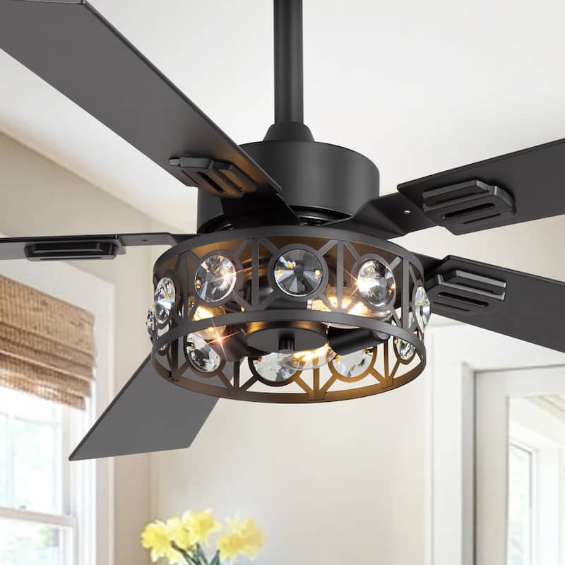 48" Wood 5-Blade Crystal Fandelier Ceiling Fan with Remote and Light - Modern Industrial -Matte Black