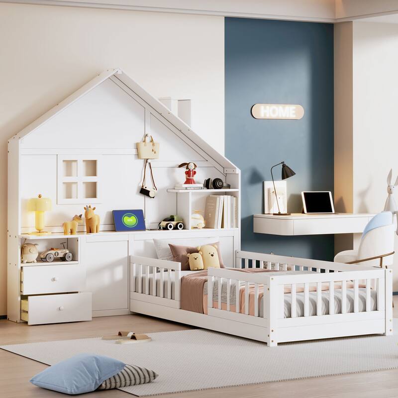 Wooden Floor Platform Bed with House Shape Storage Wingback Headboard, House Bed with USB, Window and Bedside Drawers - White - Twin