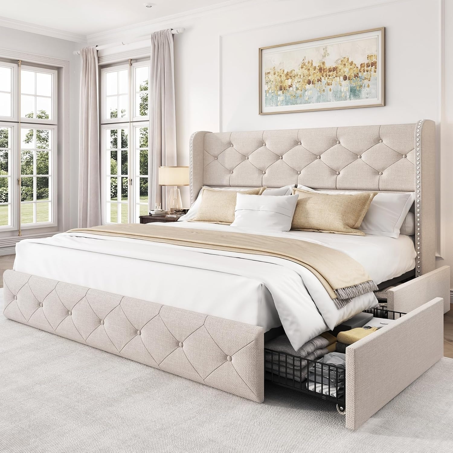 Full Size Platform Bed Frame with Storage Drawers, Upholstered Headboard, and Wooden Slats, Easy Assembly, Beige