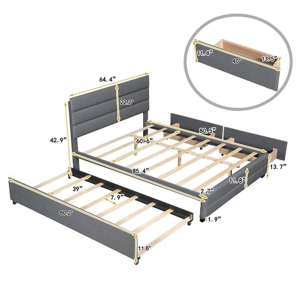 dimension image slide 0 of 2, Modern and Timeless Queen Upholstered Platform Bed with Twin Size Trundle and Two Drawers,Sturdy Frame