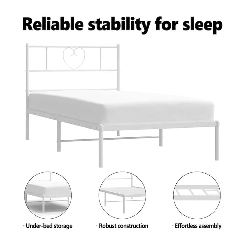 vidaXL Twin XL Metal Bed Frame with Headboard, White, No Mattress - 81.5" x 41.3" x 35.4"