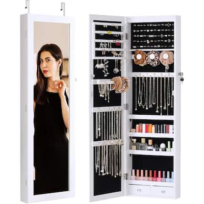 Jewelry Organizer Cabinet, 47.2-Inch Lockable Jewelry Armoire with Full-Length Mirror, Wall or Door-Mounted, Large Storage 6 LED