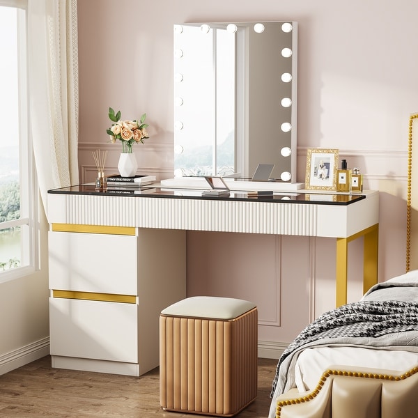 Glass Top Vanity Desk 4 Drawers Makeup Vanity Table Modern Makeup Dresser Desk On Sale Bed Bath Beyond 39218662
