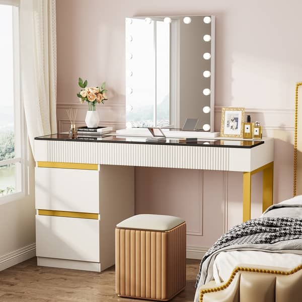gold glass dressing table Glass Top Makeup Vanity Set with Bench Lighted Mirror White Gold Modern - Sikaic