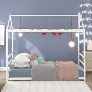 House Platform Twin Bed with Roof and Chimney Design, Sturdy Metal Frame