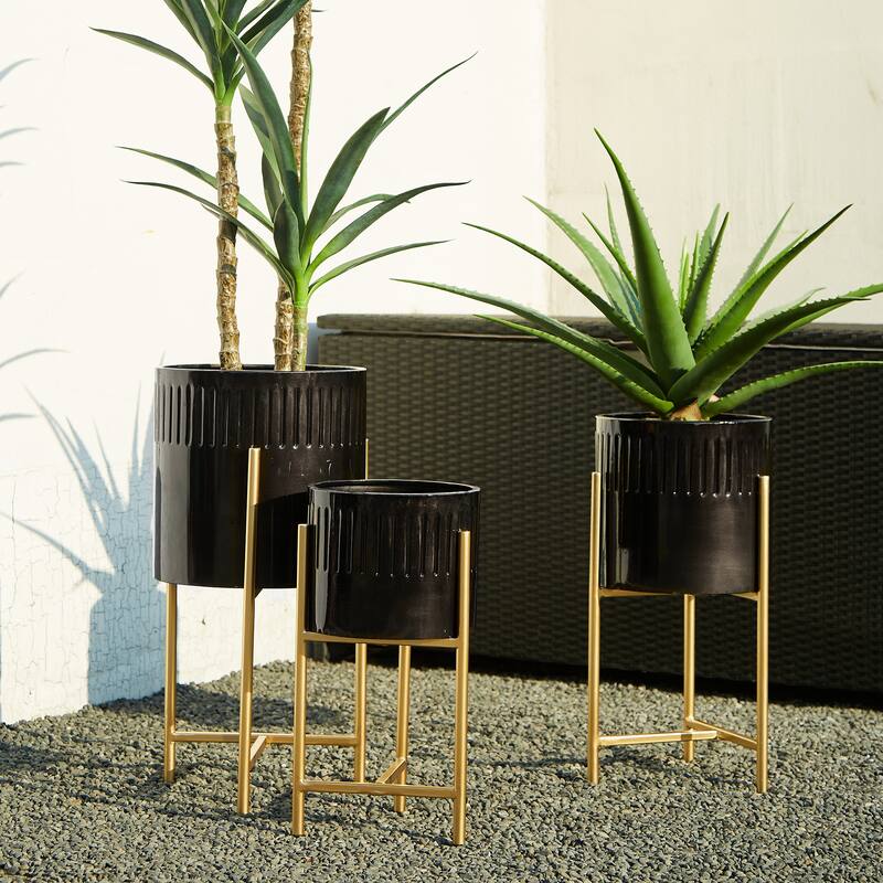 Glitzhome Set of 3 Modern Metal Cachepot Planters with Stands Plant Flower Pot Indoor Outdoor