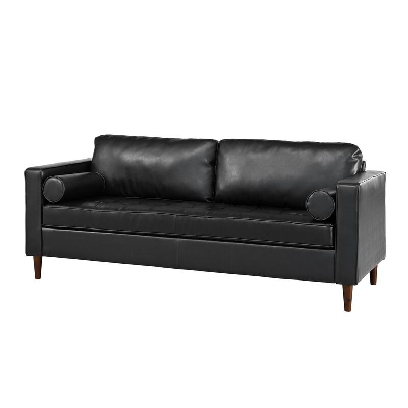 Mid-Century Modern 3-Seat Sofa, Black PU Leather, Tufted Design, Solid Wood Legs, 2 Bolster Pillows