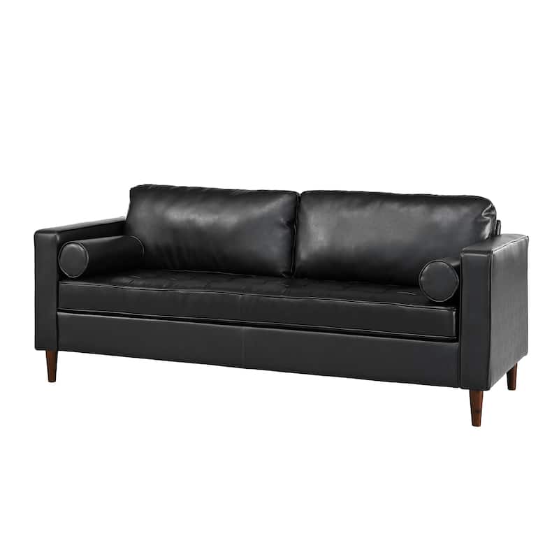 Roomfitters Mid-Century PU Leather Sofa, 3-Seater Couch with Tufted Seat, Bolster Pillows and Solid Wood Legs