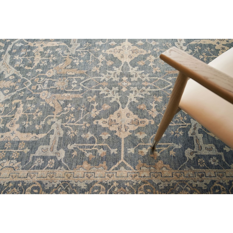 EXQUISITE RUGS Antique Weave Oushak Hand-knotted New Zealand Wool Blue Area Rug.
