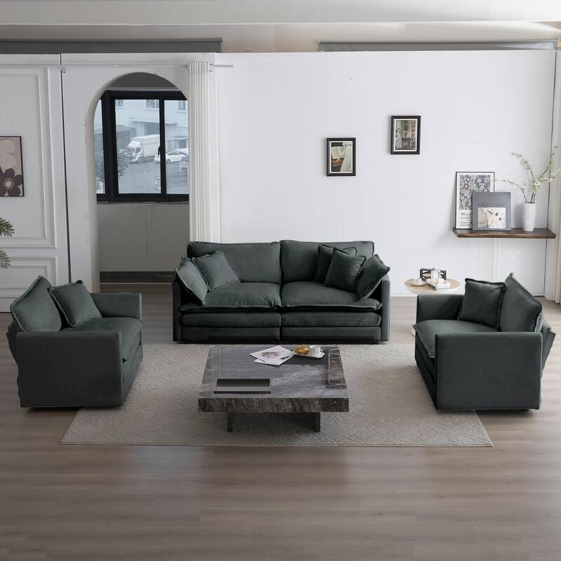 GDFStudio - Lysander Modern Chenille 2 Seater Sofa with 2 Arm Chairs and Pillows - Gray