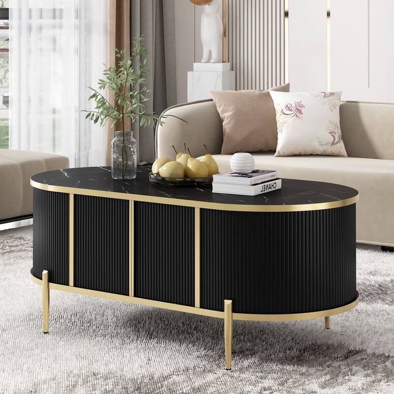 47.2" Modern Oval Coffee Table with Marble-patterned Top and 2 Cabinets
