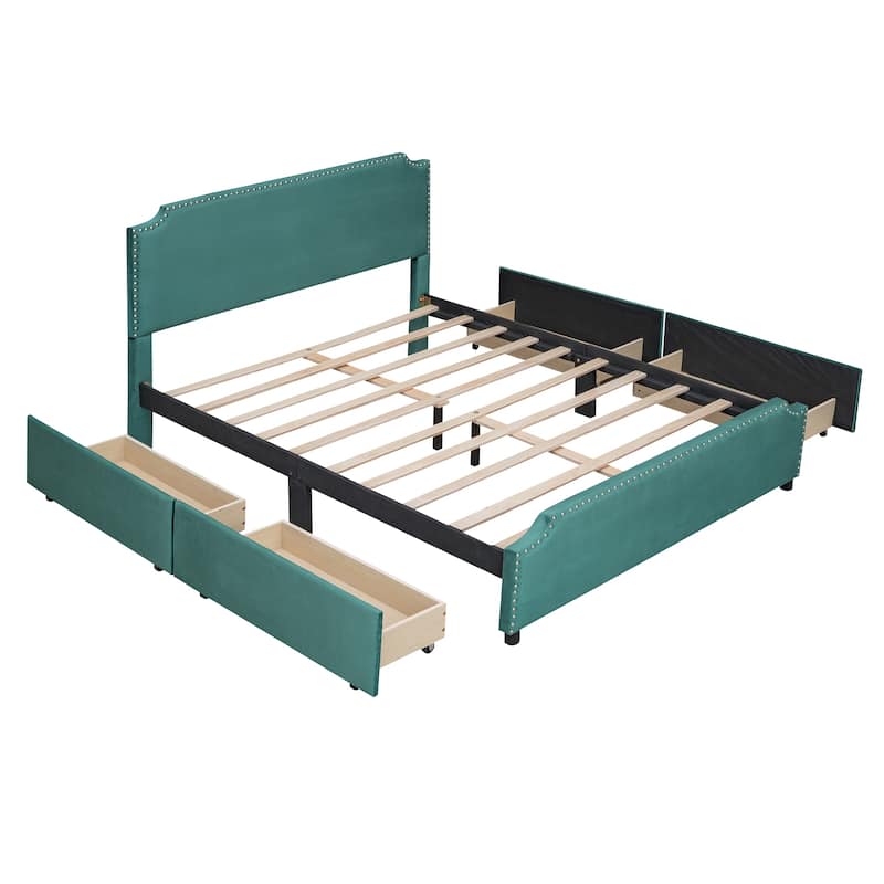 Upholstered Platform Bed with Stud Trim Headboard and Footboard