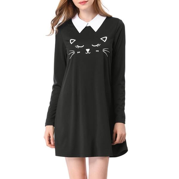 Shop Unique Bargains Women Cat Face Print Contrast Collar Flare Hem Above Knee Dress Overstock 23579805