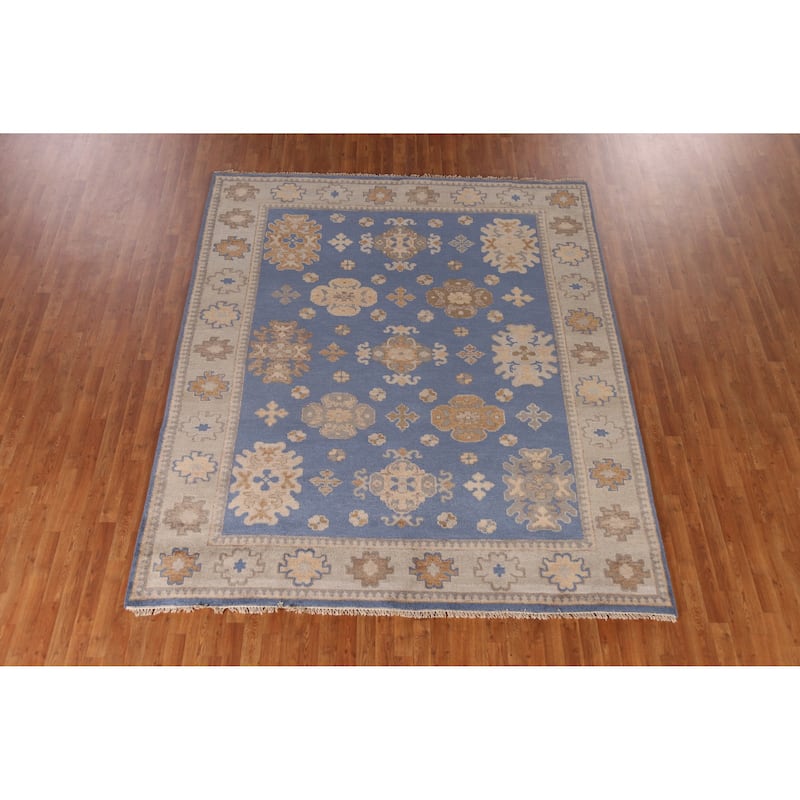 Blue Geometric Oushak Area Rug Hand-Knotted Oriental Wool Carpet - 8'3" x 9'10"