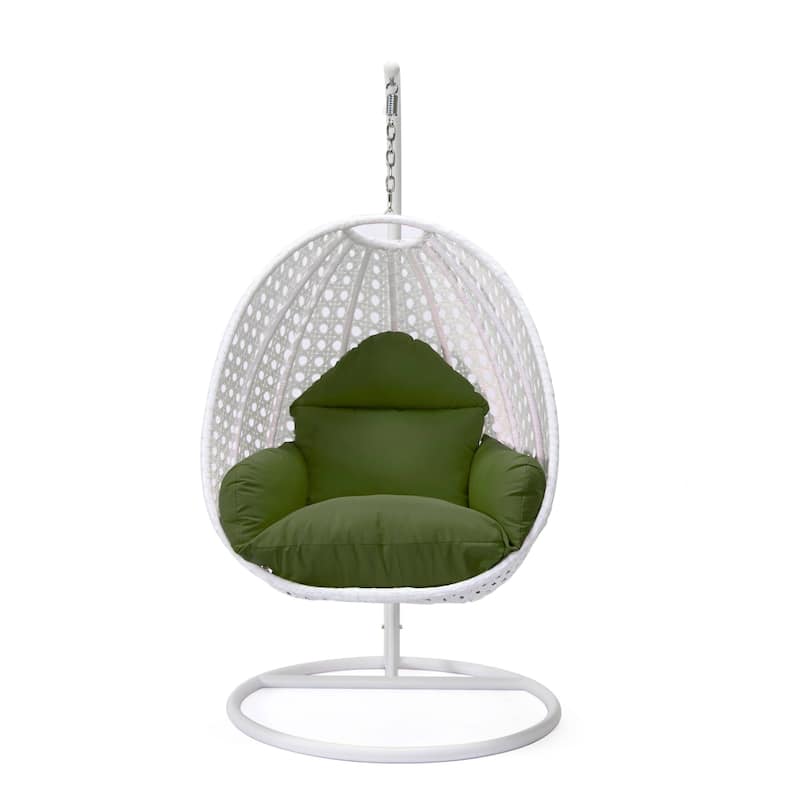 Patio Hanging Egg Swing Chair with White Wicker Shell and Iron Frame for Indoor Outdoor Patio Porch Garden Backyard