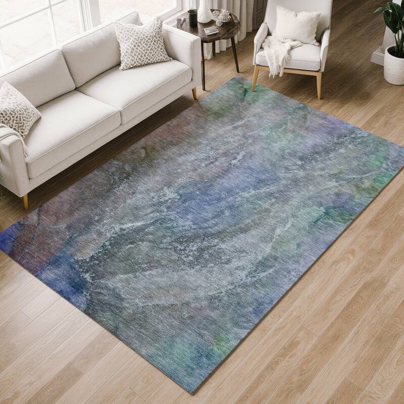 Machine Washable Indoor/ Outdoor Abstract Watercolor Chantille Rug