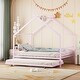 preview thumbnail 61 of 87, Metal House Bed with Trundle and Roof for Kids, Boys and Girls, Bedroom Full - Pink