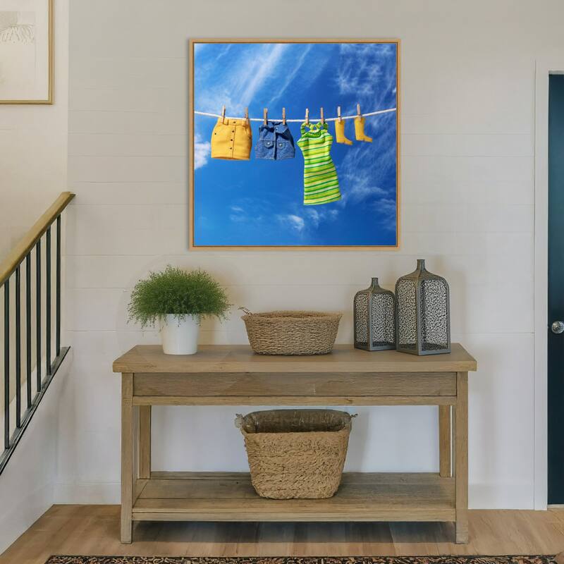 The Laundry Line by Julia Ramiro Framed Canvas Wall Art Print - Sylvie Natural