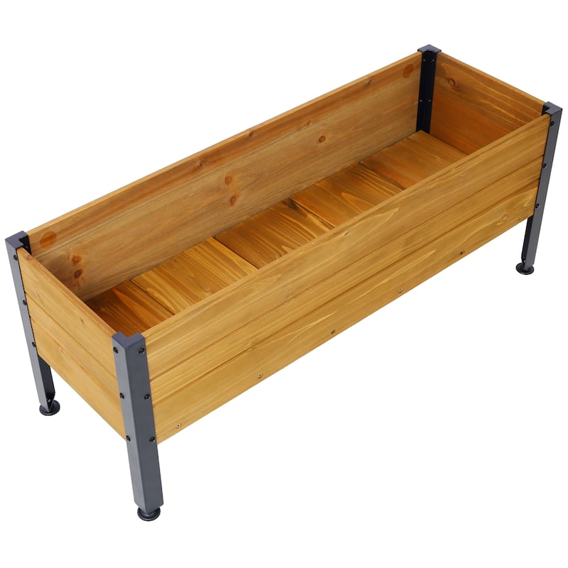 Anmytek Elevated Wooden Planter Box with Metal Legs, Weather Resistant Natural Wood, Adjustable Feet,Raised Garden Bed for Patio