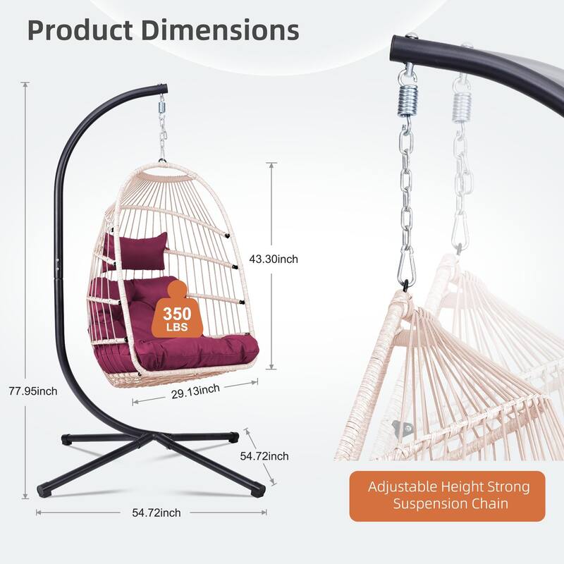 Outdoor Egg Hanging Chair, Swing Chair with Stand & Aluminum-Steel Frame, Patio Rattan Wicker Hanging Swing Egg Chair