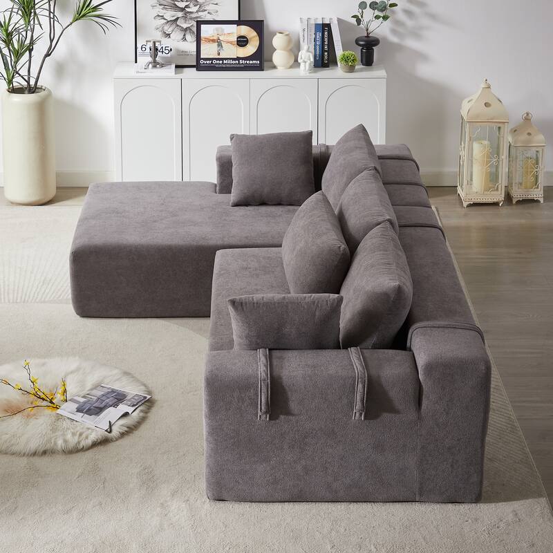 Chenille Upholstered Sectional Daybed Modular Sleeper Couch L Shape Sofa with Chaise Lounge & 6 Pillows for Living Room Loveseat