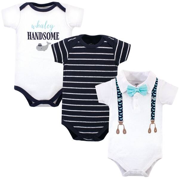 slide 1 of 1, Little Treasure Baby Boy Cotton Bodysuits 3pk, Whale Suspenders 12-18 Months - Whale Suspenders