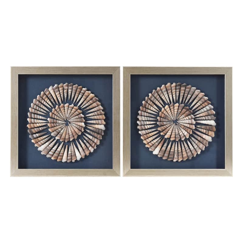 American Art Decor 2-Piece Coastal Seashell & Sea Glass Shadowbox Framed Wall Art Set - Natural Cone Shell