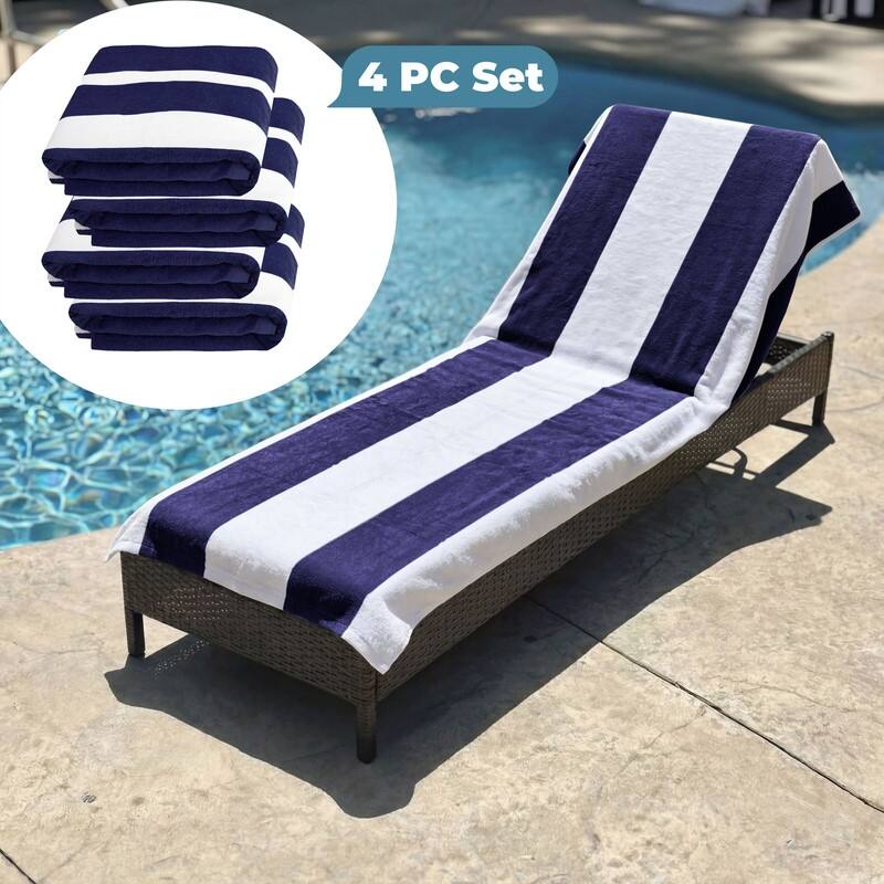 100% Cotton Cabana‑Stripe Lounge Chair Cover Terry Towel with Fitted Pocket & Back Flap Set of 4