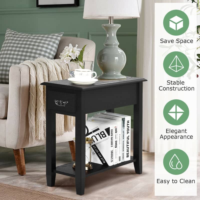 Space-Saving 2 Tier End Table with Drawer and Shelf for Living Room