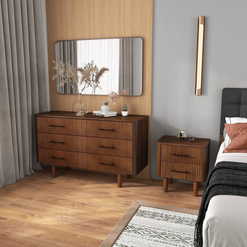 GDFStudio - Logan Mid-Century Modern Walnut Nightstand with Solid Wood Frame & 2 Storage Drawers