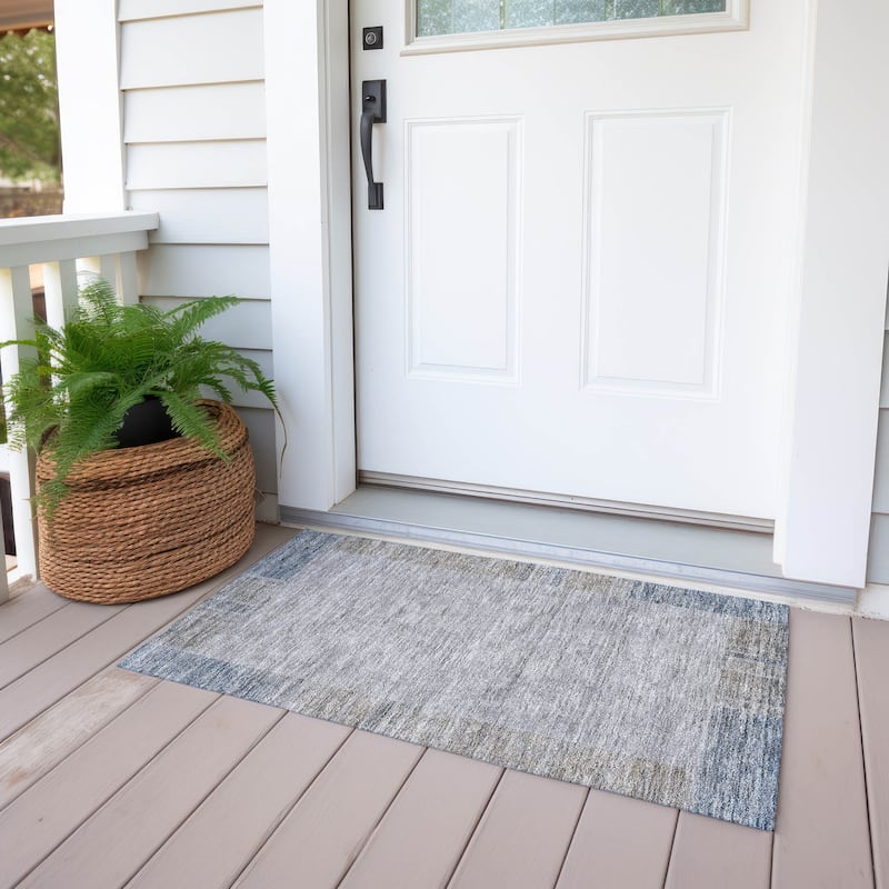 Machine Washable Indoor/ Outdoor Chantille Modern Border Rug - Taupe - 1'8" x 2'6"